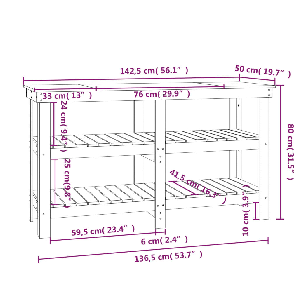 Werkbank 142,5x50x80 cm massief grenenhout wit 142.5 x 50 x 80 cm Wit