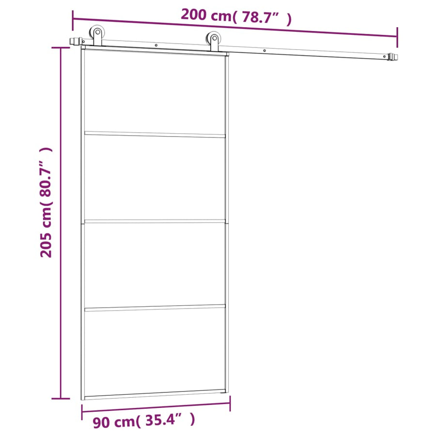 Schuifdeur Met Beslag Esg-Glas En Aluminium 90 x 205 cm 3 horizontale stangen