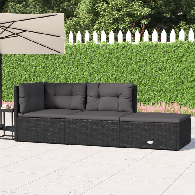 3-Delige Loungeset Met Kussens Poly Rattan Zwart hoek + midden + voetensteun