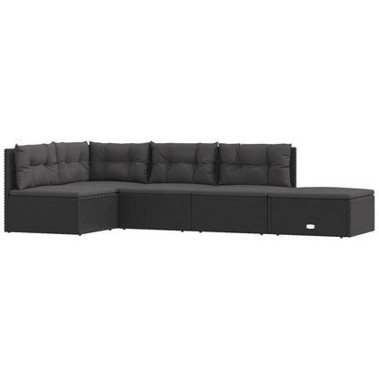5-Delige Loungeset Met Kussens Poly Rattan Zwart hoek + 3x midden + voetensteun