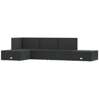 5-Delige Loungeset Met Kussens Poly Rattan Zwart hoek + 3x midden + voetensteun