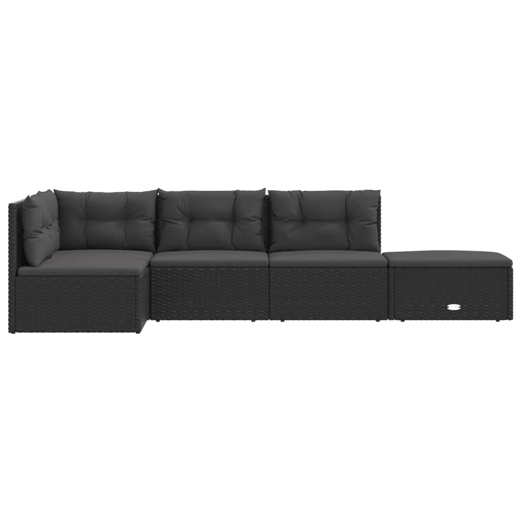 5-Delige Loungeset Met Kussens Poly Rattan Zwart hoek + 3x midden + voetensteun