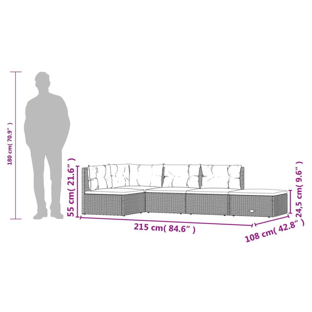 5-Delige Loungeset Met Kussens Poly Rattan Zwart hoek + 3x midden + voetensteun