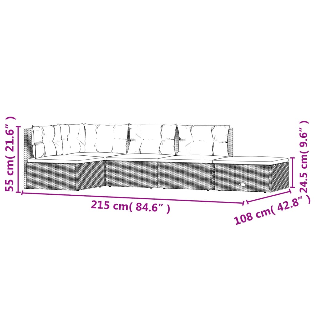 5-Delige Loungeset Met Kussens Poly Rattan Zwart hoek + 3x midden + voetensteun