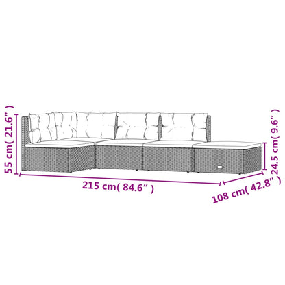 5-Delige Loungeset Met Kussens Poly Rattan Zwart hoek + 3x midden + voetensteun