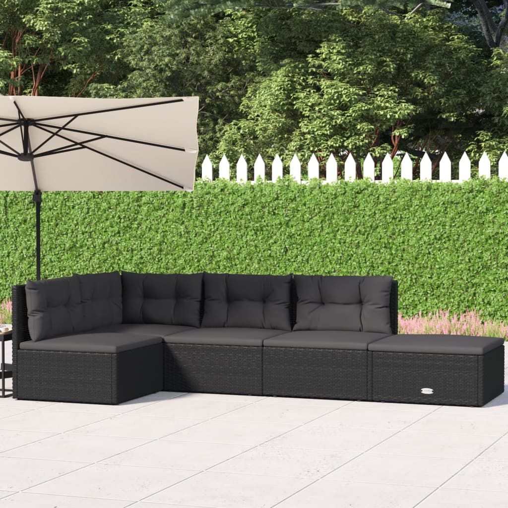 5-Delige Loungeset Met Kussens Poly Rattan Zwart hoek + 3x midden + voetensteun