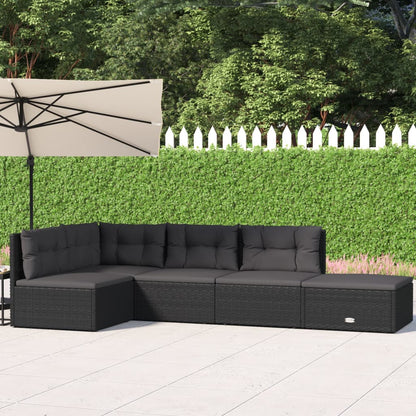 5-Delige Loungeset Met Kussens Poly Rattan Zwart hoek + 3x midden + voetensteun