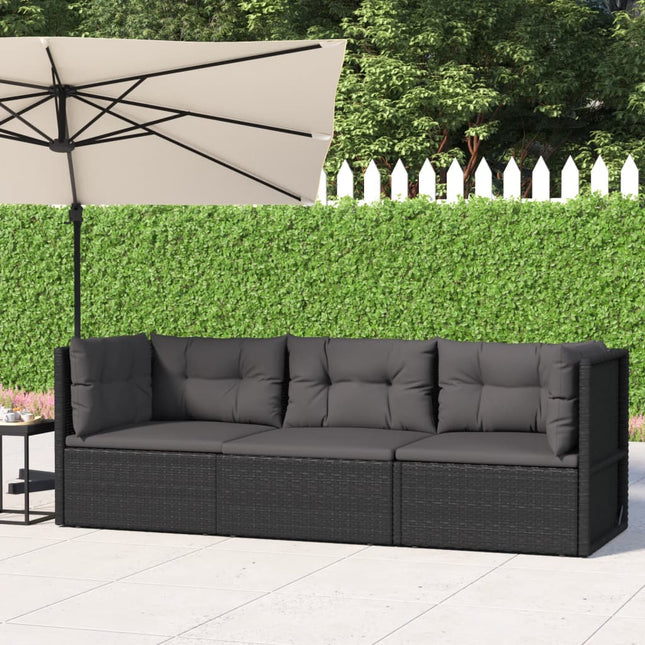 3-Delige Loungeset Met Kussens Poly Rattan Zwart 2x hoek + midden