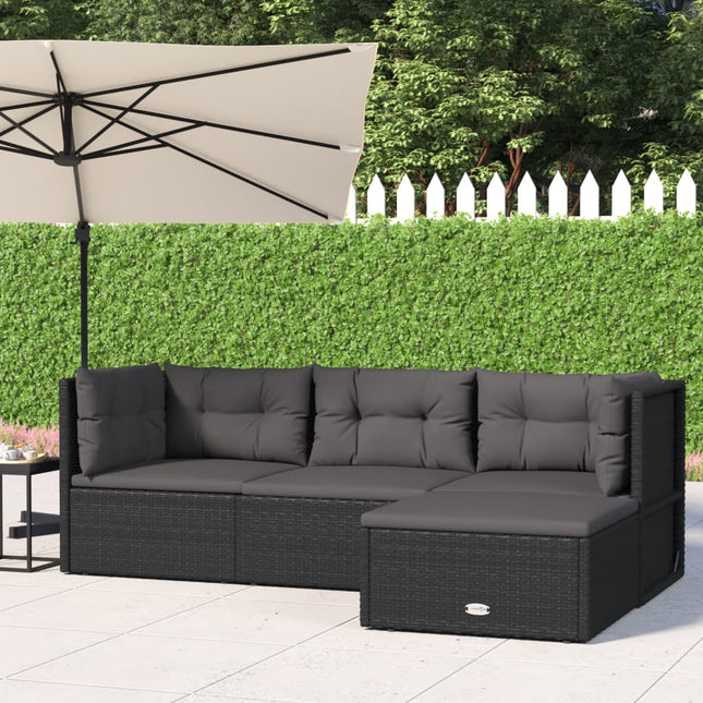 4-Delige Loungeset Met Kussens Poly Rattan Zwart 2x hoek + midden + voetensteun