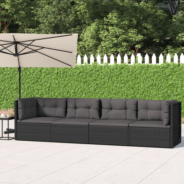 4-Delige Loungeset Met Kussens Poly Rattan Zwart 2x hoek + 2x midden