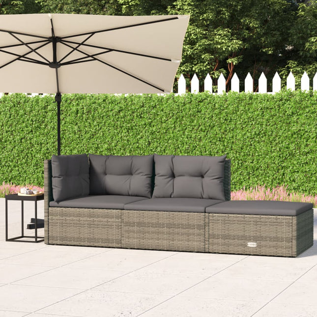 3-Delige Loungeset Met Kussens Poly Rattan Grijs hoek + midden + voetensteun