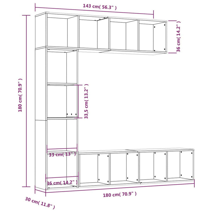 -Delige Boekenkast- / Tv-Meubelset 180X0X180 Cm Grijs sonoma
