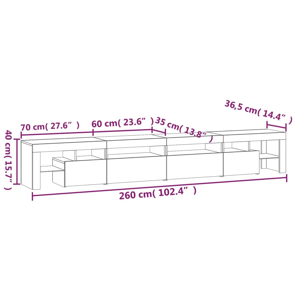 Tv-Meubel Met Led-Verlichting 260X36,5X40 Cm 260 x 36.5 x 40 cm (4 pcs) Zwart