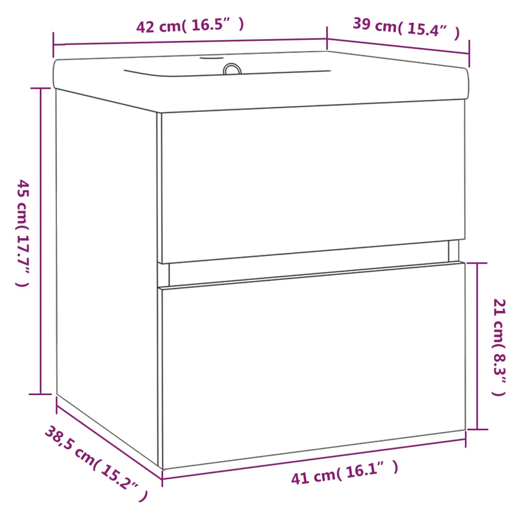 Wastafelkast met ingebouwde wasbak bewerkt hout 41 x 38.5 x 45 cm zonder kraan & afvoer