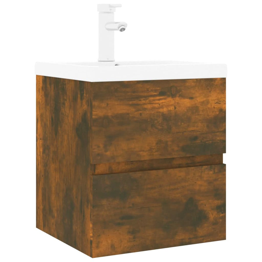 Wastafelkast met ingebouwde wasbak bewerkt hout gerookt eiken 41 x 38.5 x 45 cm met kraan & afvoer
