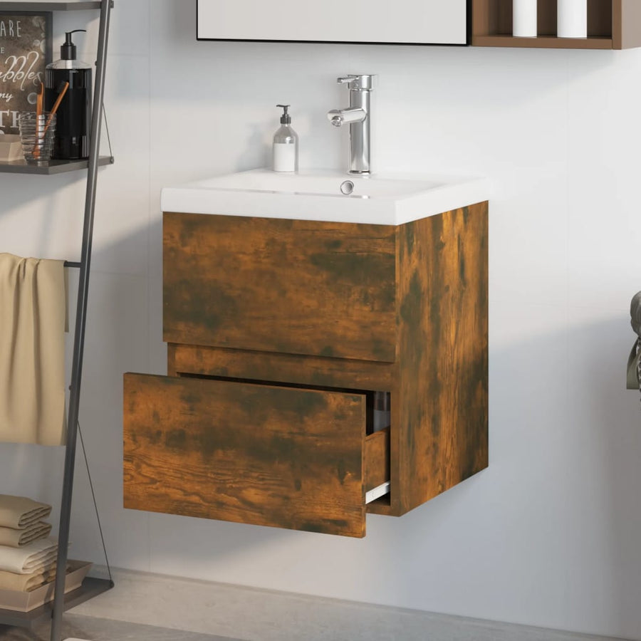Wastafelkast met ingebouwde wasbak bewerkt hout gerookt eiken 41 x 38.5 x 45 cm met kraan & afvoer