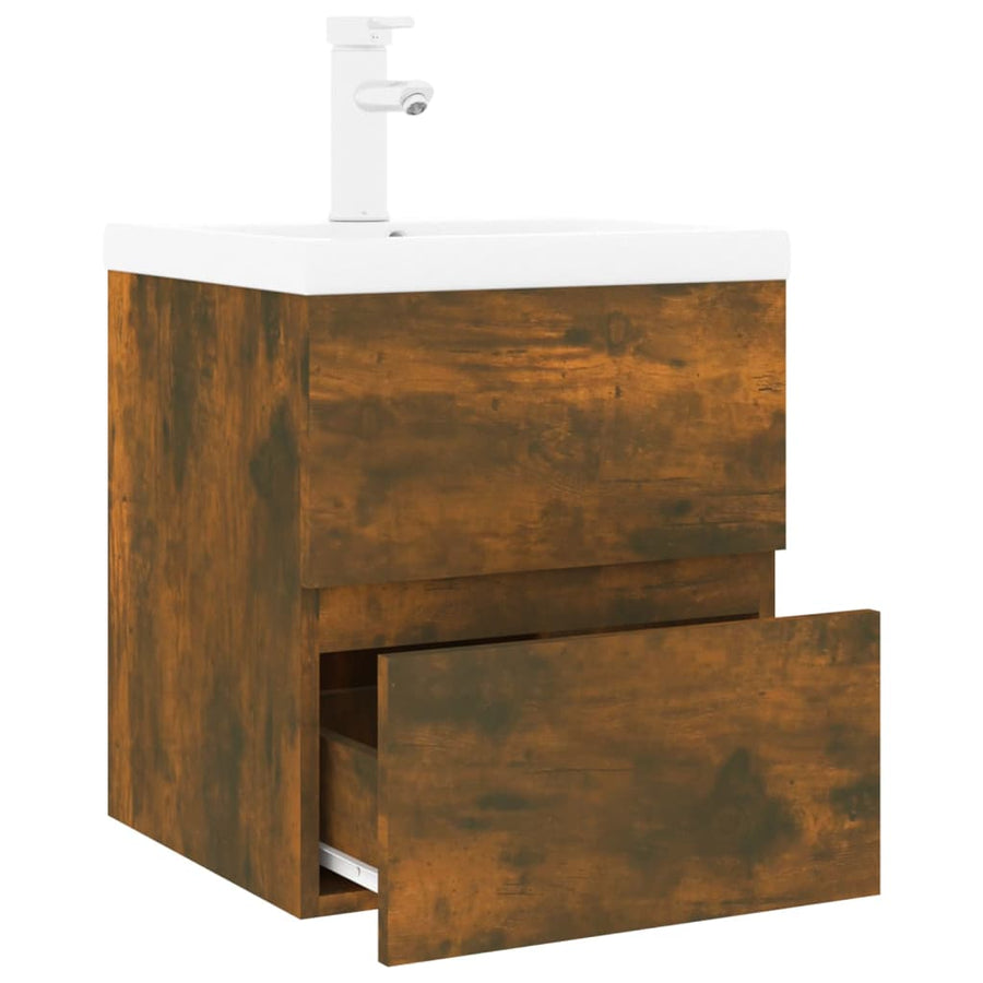 Wastafelkast met ingebouwde wasbak bewerkt hout gerookt eiken 41 x 38.5 x 45 cm met kraan & afvoer
