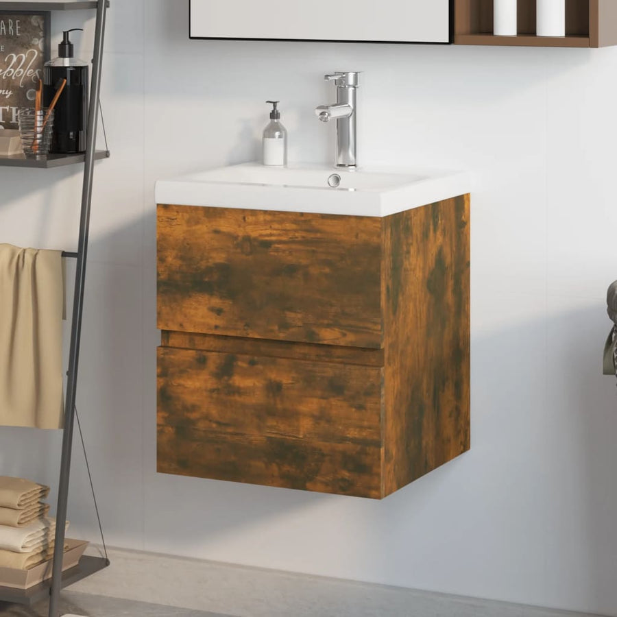Wastafelkast met ingebouwde wasbak bewerkt hout gerookt eiken 41 x 38.5 x 45 cm met kraan & afvoer