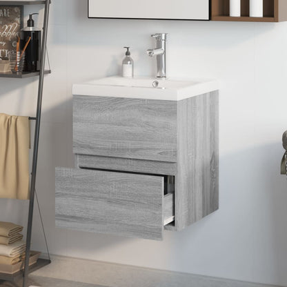 Wastafelkast Met Ingebouwde Wasbak Bewerkt Hout Grijs Sonoma 41 x 38.5 x 45 cm met kraan & afvoer