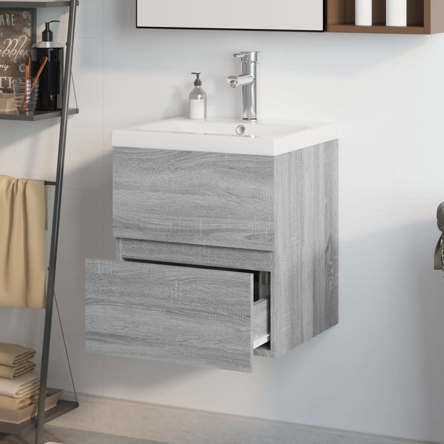 Wastafelkast Met Ingebouwde Wasbak Bewerkt Hout Grijs Sonoma 41 x 38.5 x 45 cm met kraan & afvoer