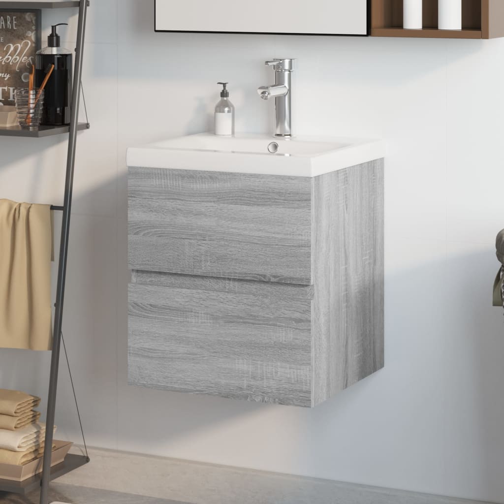 Wastafelkast Met Ingebouwde Wasbak Bewerkt Hout Grijs Sonoma 41 x 38.5 x 45 cm met kraan & afvoer