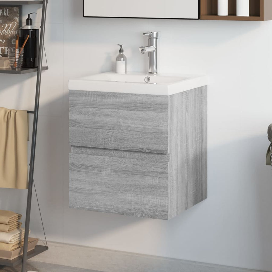 Wastafelkast Met Ingebouwde Wasbak Bewerkt Hout Grijs Sonoma 41 x 38.5 x 45 cm met kraan & afvoer