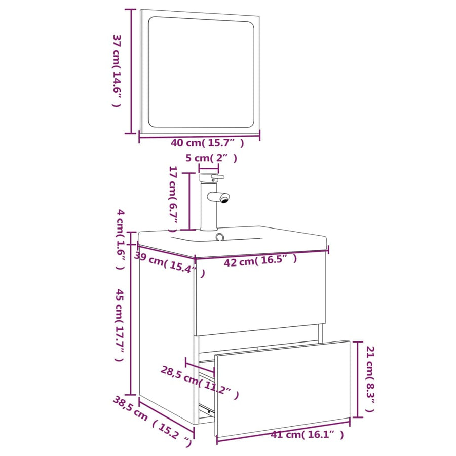 Badkamermeubelset Bewerkt Hout Grijs Sonoma Eikenkleurig 41 x 38.5 x 45 cm met kraan
