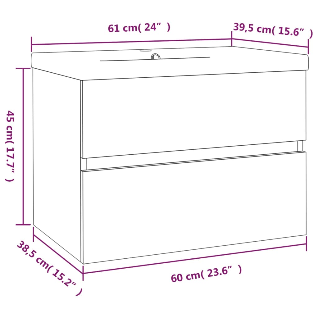 Wastafelkast met ingebouwde wasbak bewerkt hout 60 x 38.5 x 45 cm zonder kraan & afvoer