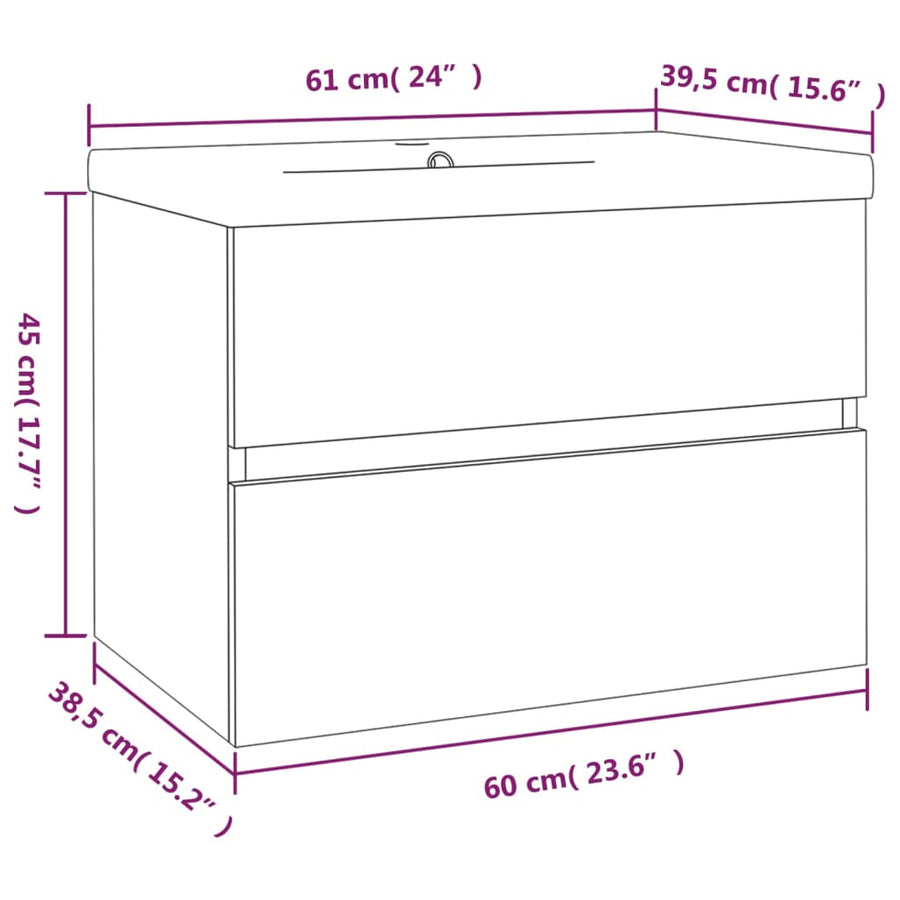 Wastafelkast met ingebouwde wasbak bewerkt hout 60 x 38.5 x 45 cm zonder kraan & afvoer