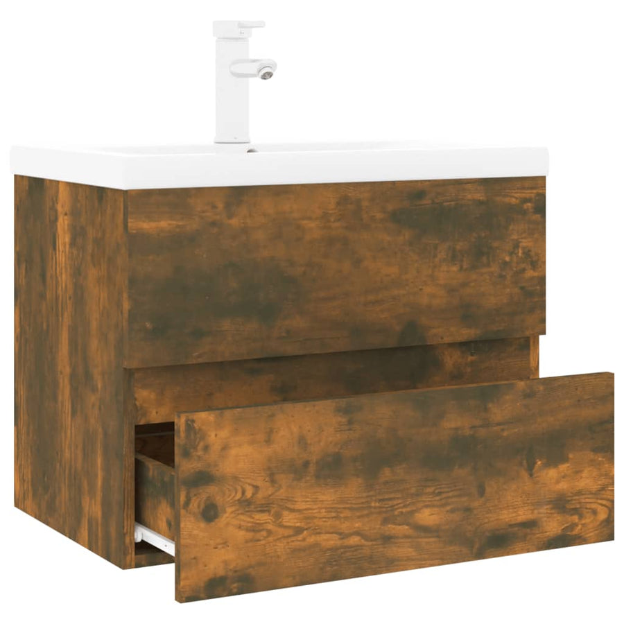 Wastafelkast met ingebouwde wasbak bewerkt hout gerookt eiken 1 60 x 38.5 x 45 cm Gerookt eiken