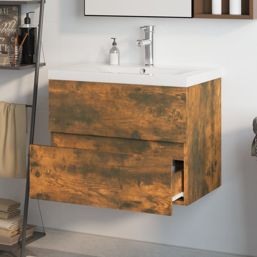 Wastafelkast met ingebouwde wasbak bewerkt hout gerookt eiken 1 60 x 38.5 x 45 cm Gerookt eiken