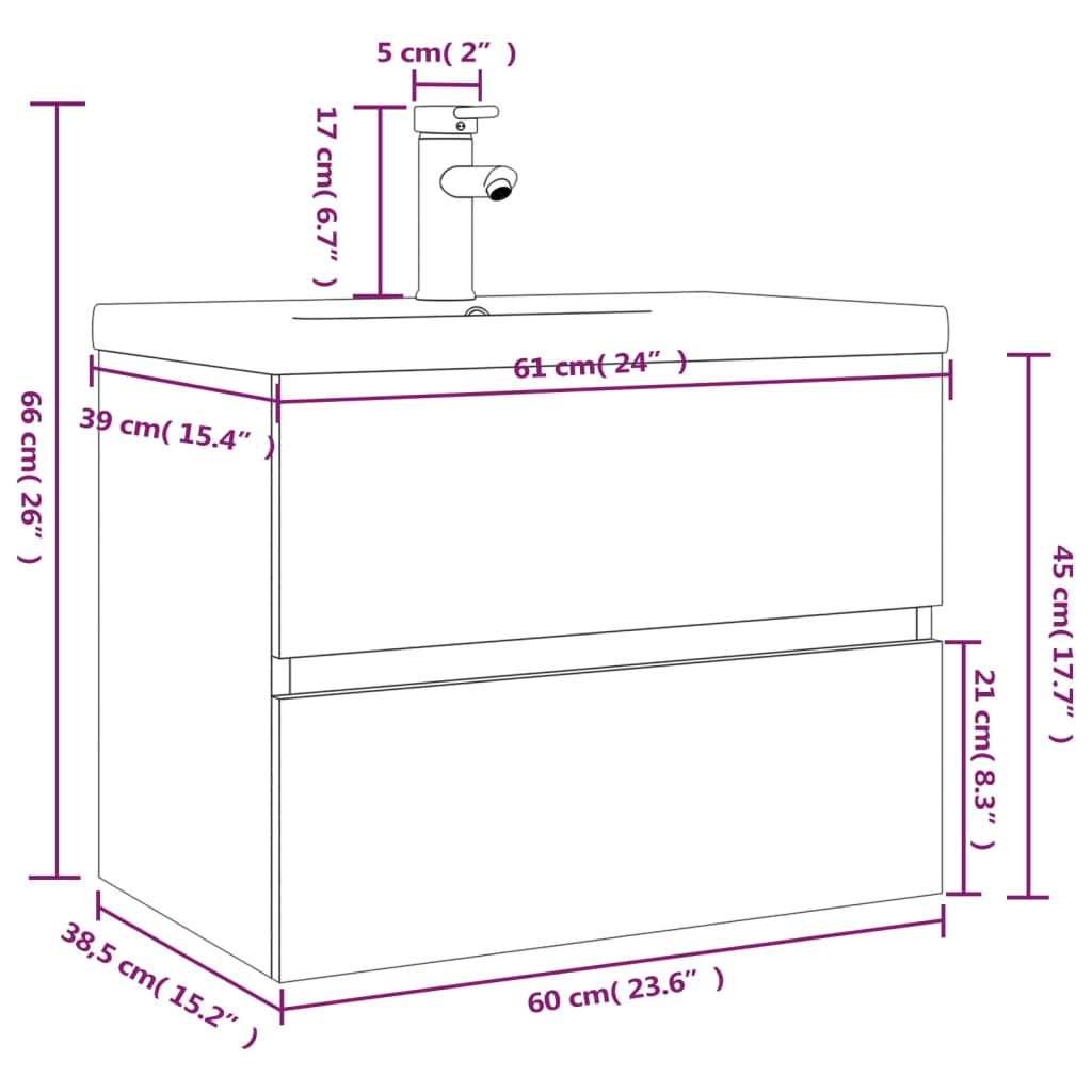 Wastafelkast met ingebouwde wasbak bewerkt hout gerookt eiken 1 60 x 38.5 x 45 cm Gerookt eiken