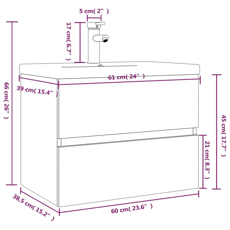 Wastafelkast met ingebouwde wasbak bewerkt hout gerookt eiken 1 60 x 38.5 x 45 cm Gerookt eiken