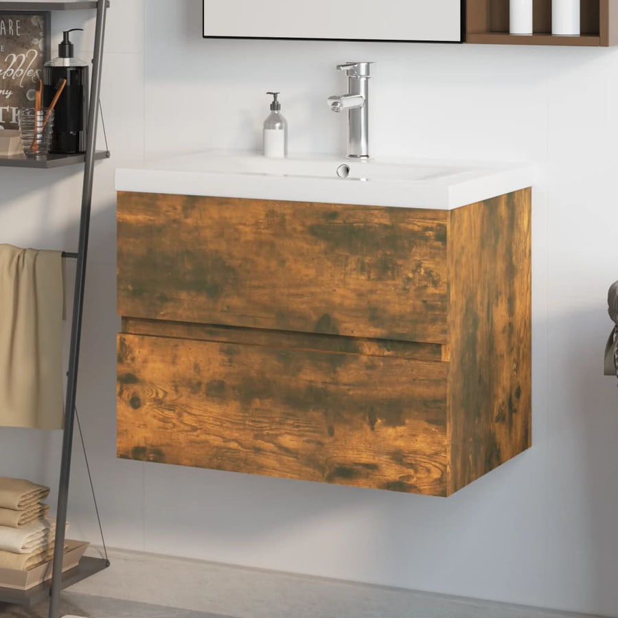 Wastafelkast met ingebouwde wasbak bewerkt hout gerookt eiken 1 60 x 38.5 x 45 cm Gerookt eiken