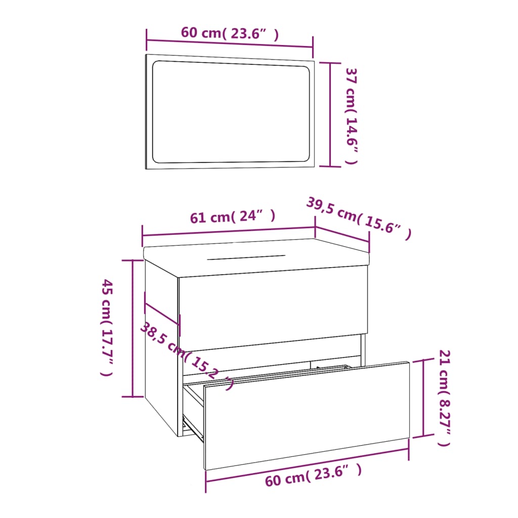 Badkamermeubelset Bewerkt Hout Kleurig 60 x 38.5 x 45 cm Gerookt eiken