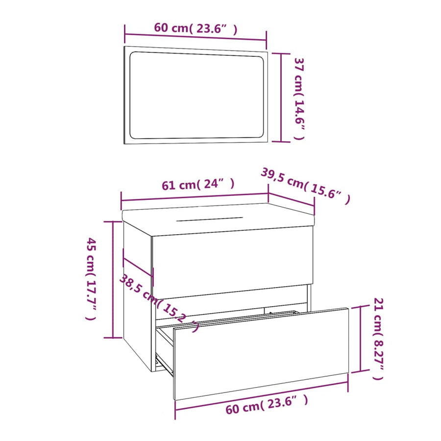 Badkamermeubelset Bewerkt Hout Kleurig 60 x 38.5 x 45 cm Gerookt eiken