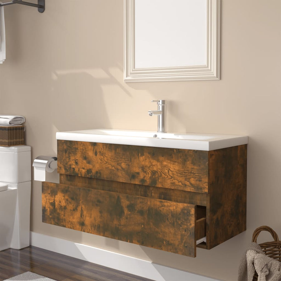 Wastafelkast met ingebouwde wasbak bewerkt hout 90 x 38.5 x 45 cm zonder kraan & afvoer