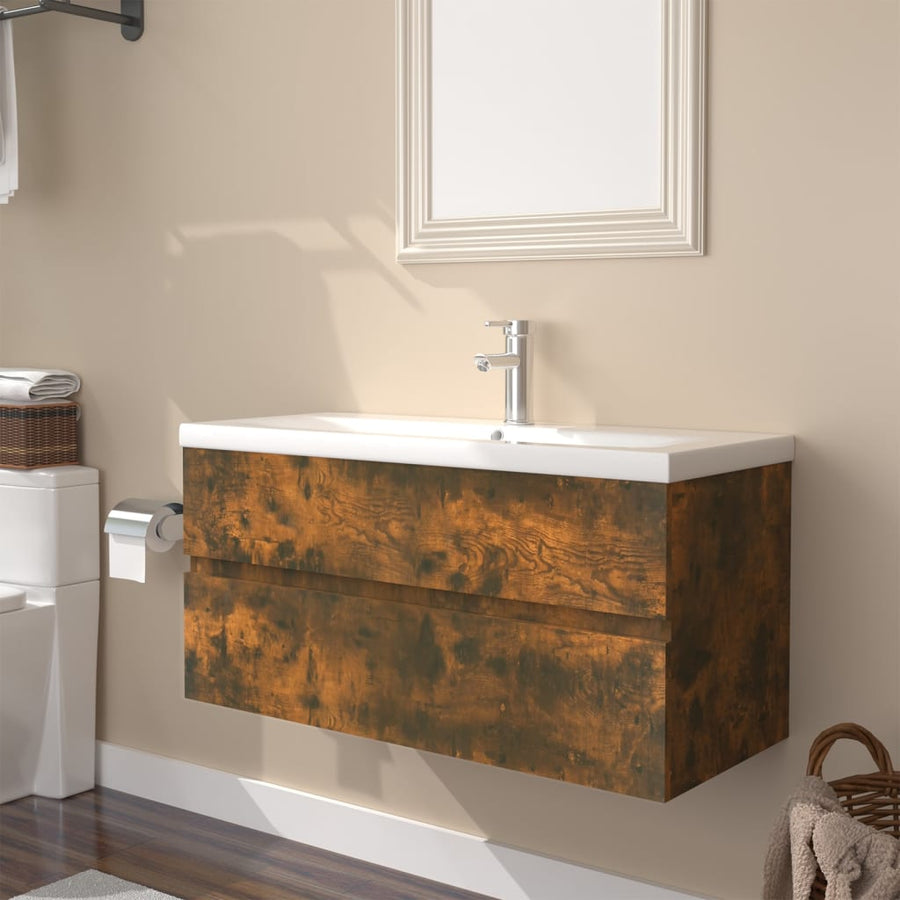 Wastafelkast met ingebouwde wasbak bewerkt hout 90 x 38.5 x 45 cm zonder kraan & afvoer