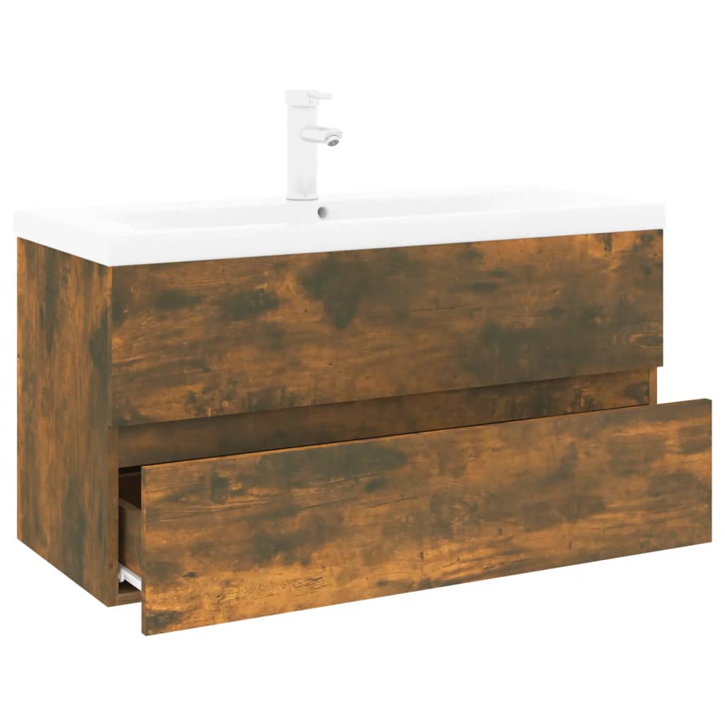Wastafelkast met ingebouwde wasbak bewerkt hout 90 x 38.5 x 45 cm met kraan & afvoer