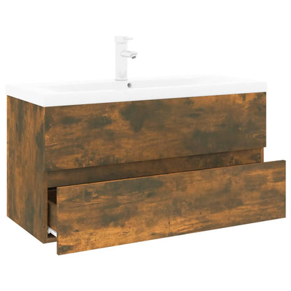 Wastafelkast met ingebouwde wasbak bewerkt hout 90 x 38.5 x 45 cm met kraan & afvoer