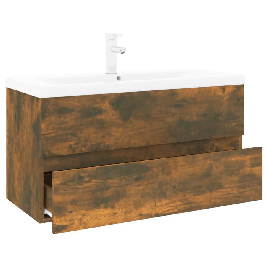 Wastafelkast met ingebouwde wasbak bewerkt hout 90 x 38.5 x 45 cm met kraan & afvoer