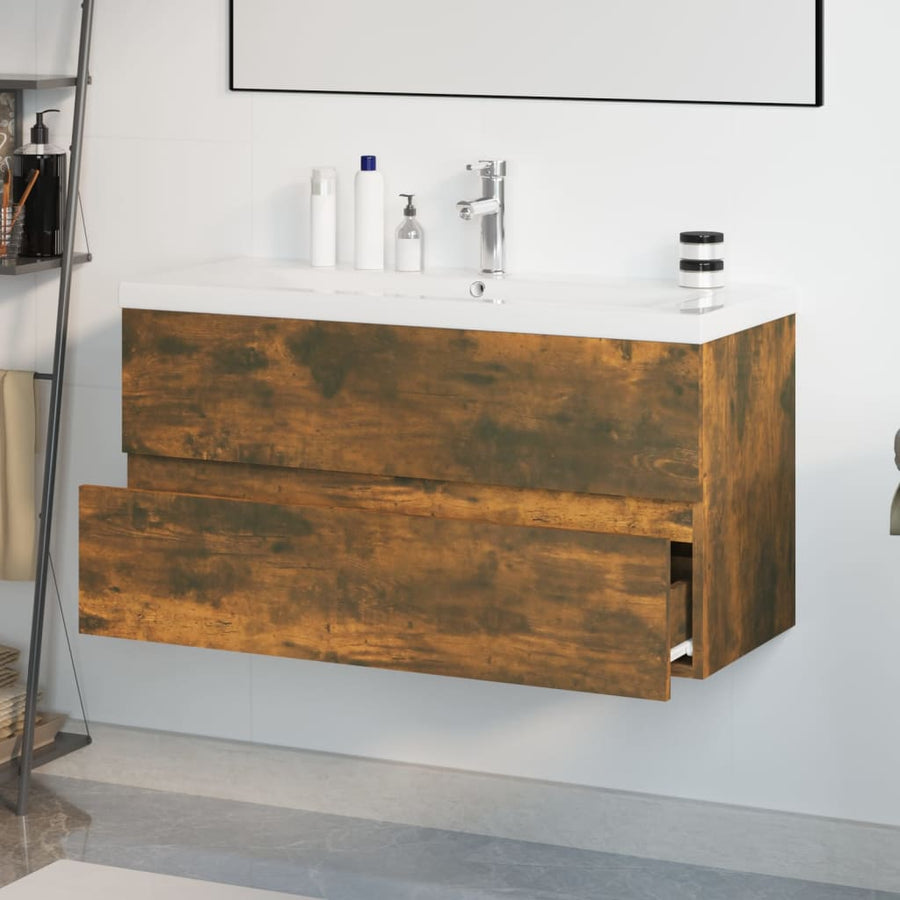 Wastafelkast met ingebouwde wasbak bewerkt hout 90 x 38.5 x 45 cm met kraan & afvoer