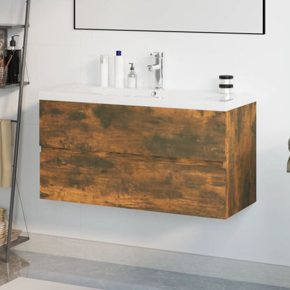 Wastafelkast met ingebouwde wasbak bewerkt hout 90 x 38.5 x 45 cm met kraan & afvoer