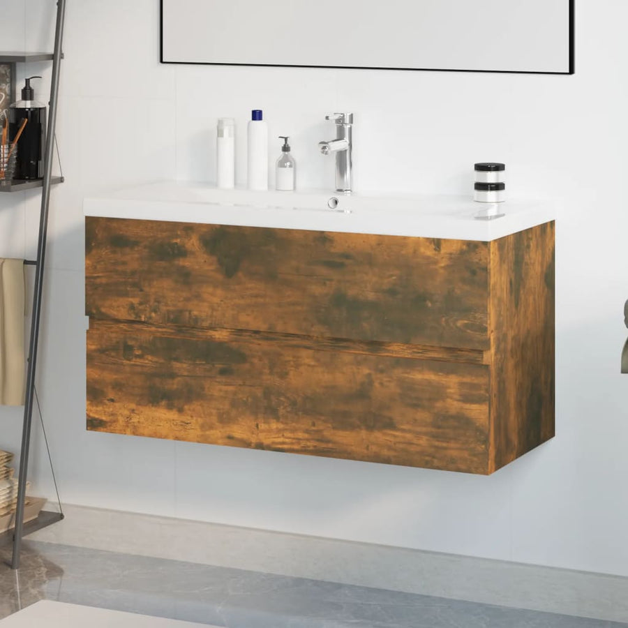 Wastafelkast met ingebouwde wasbak bewerkt hout 90 x 38.5 x 45 cm met kraan & afvoer