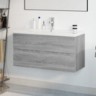 Vanity unit with integrated washbasin distressed wood grey Sonoma