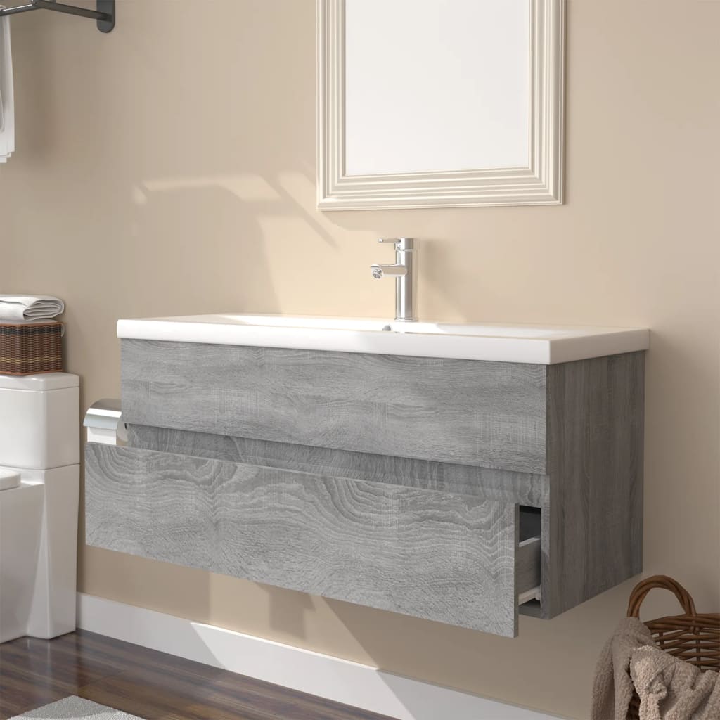 Wastafelkast Met Ingebouwde Wasbak Bewerkt Hout Grijs Sonoma 100 x 38.5 x 45 cm zonder kraan & afvoer