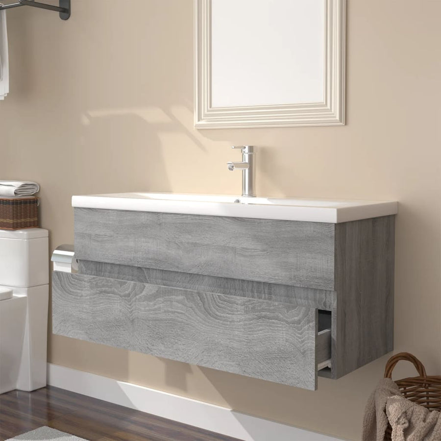 Wastafelkast Met Ingebouwde Wasbak Bewerkt Hout Grijs Sonoma 100 x 38.5 x 45 cm zonder kraan & afvoer