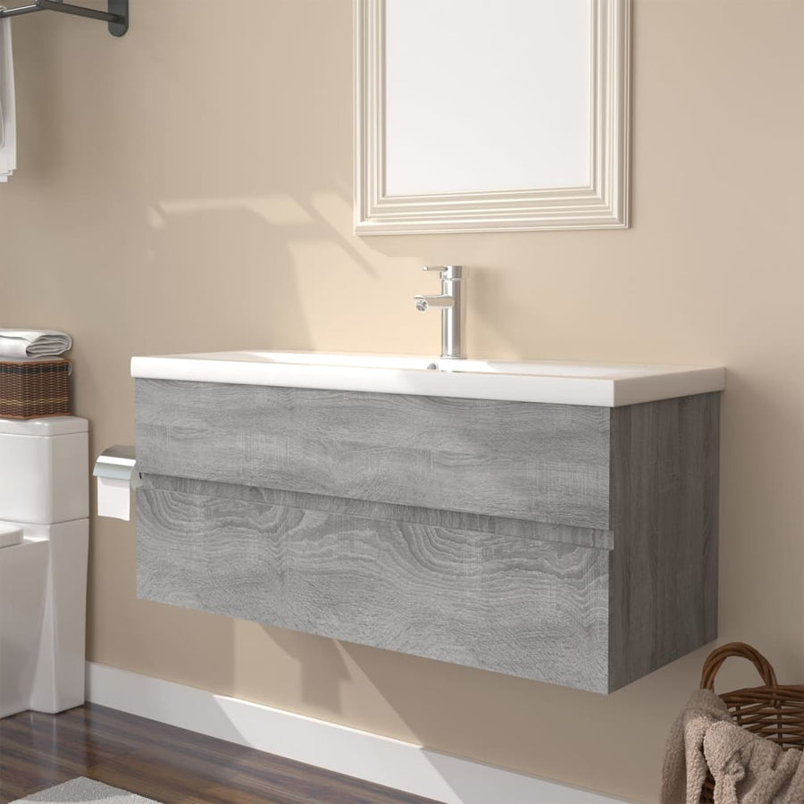 Wastafelkast Met Ingebouwde Wasbak Bewerkt Hout Grijs Sonoma 100 x 38.5 x 45 cm zonder kraan & afvoer