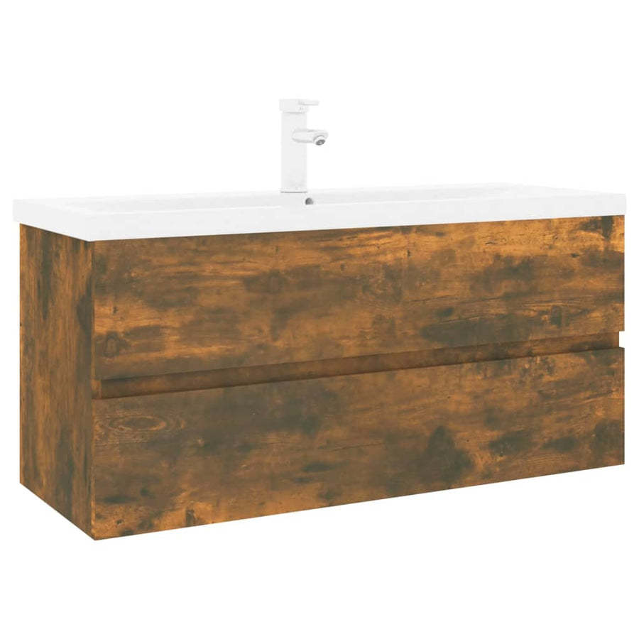 Wastafelkast met ingebouwde wasbak bewerkt hout gerookt eiken 100 x 38.5 x 45 cm met kraan & afvoer