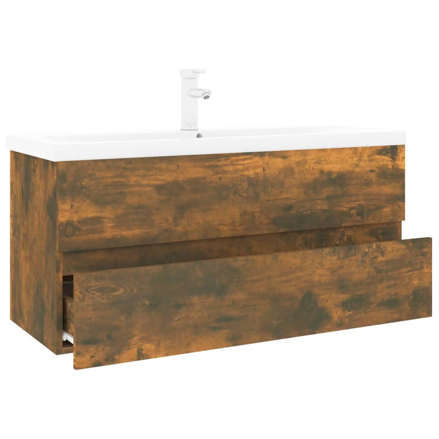 Wastafelkast met ingebouwde wasbak bewerkt hout gerookt eiken 100 x 38.5 x 45 cm met kraan & afvoer